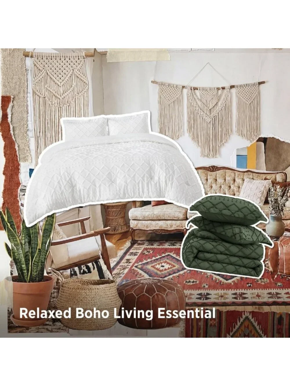 Cozy White Boho Tufted Queen Comforter Set - 3 Piece Farmhouse Bedding, Soft
